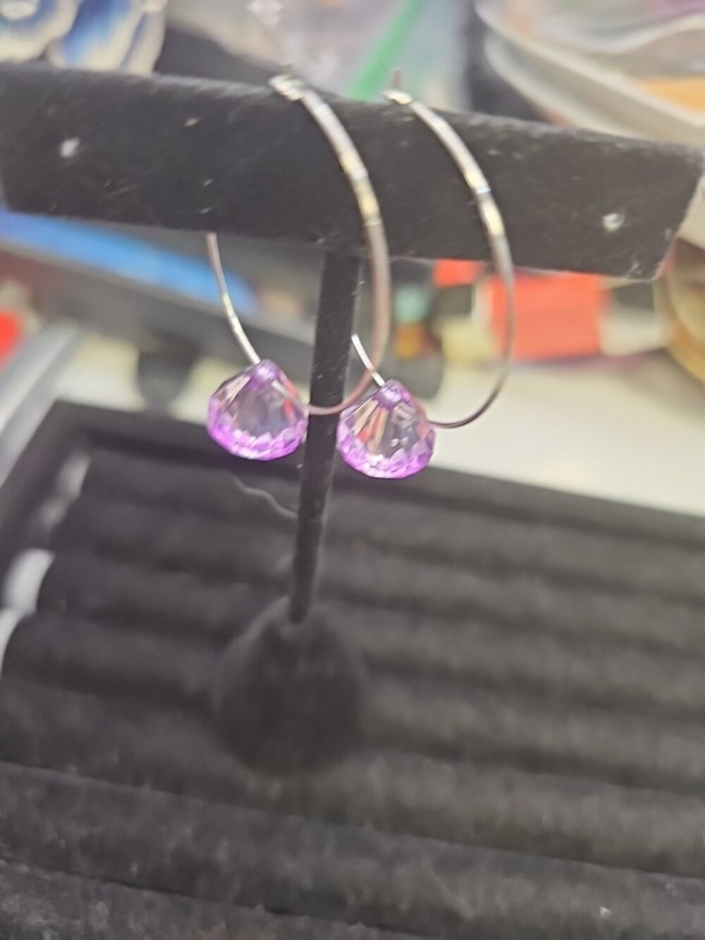 Earrings Pierced Wire Silvertone Hoops 1.25" Inches Purple Gem Acrylic